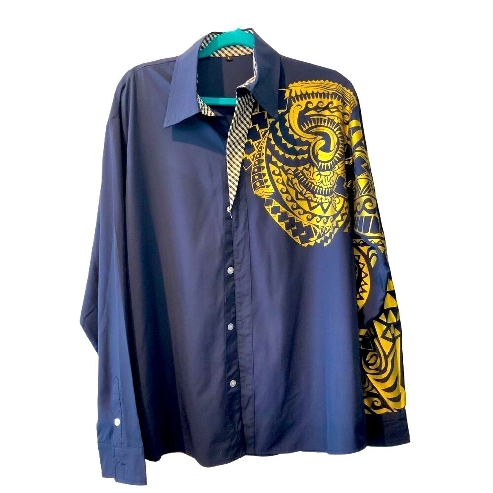 Cesnleoik‎ Blue Golden Print Long Sleeve Button Down Casual Shirt Size Large